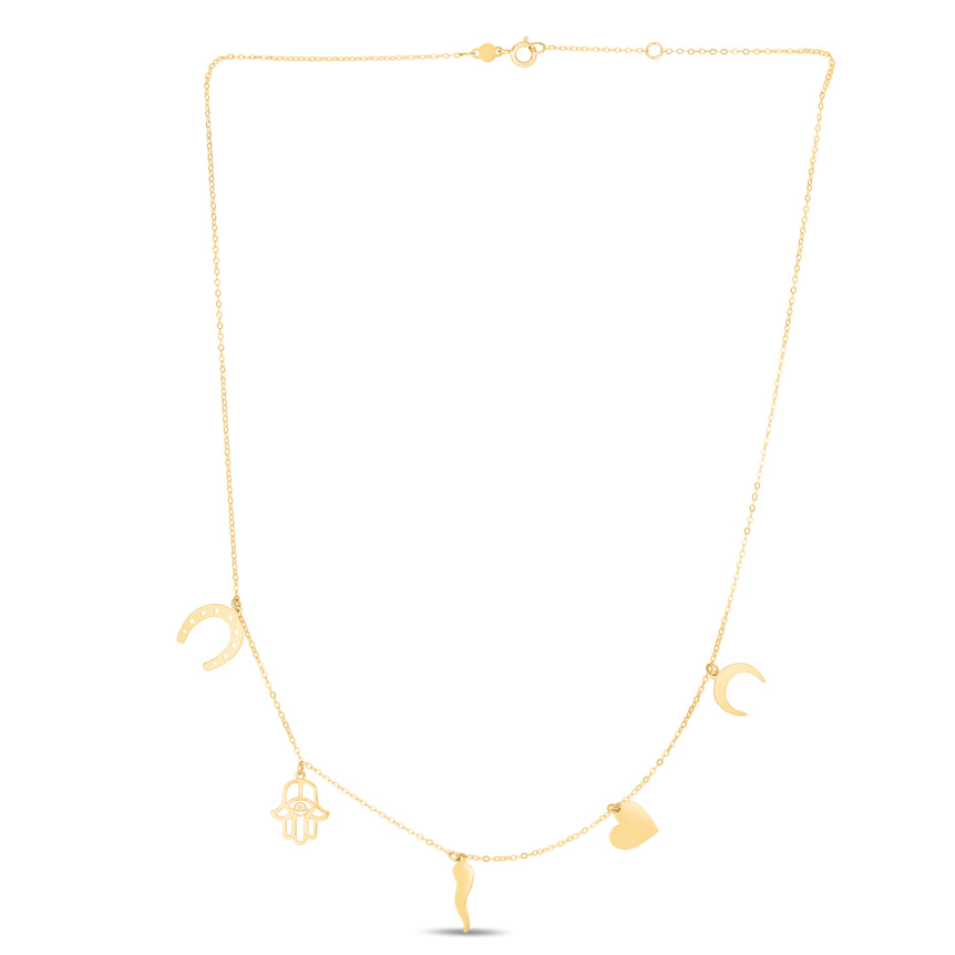 14K Gold Trend Charm Dangle Necklace-Yellow | Spring Ring