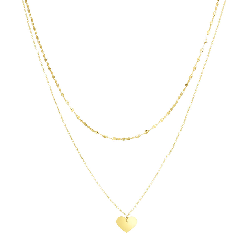 14K Gold Polished Heart & Mirror Chain Multi-Strand Necklace-Yellow | Lobster