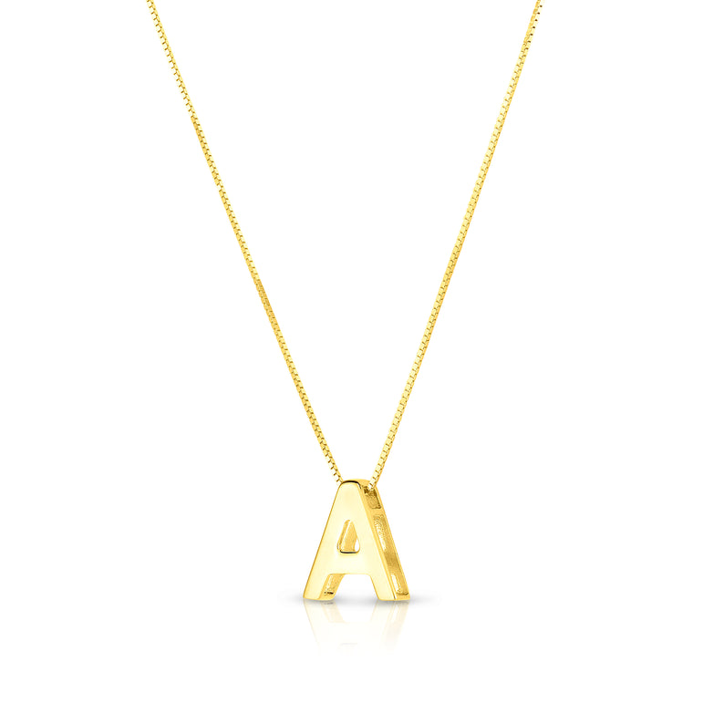 14K Gold Block Letter Initial A Necklace-Yellow | Lobster