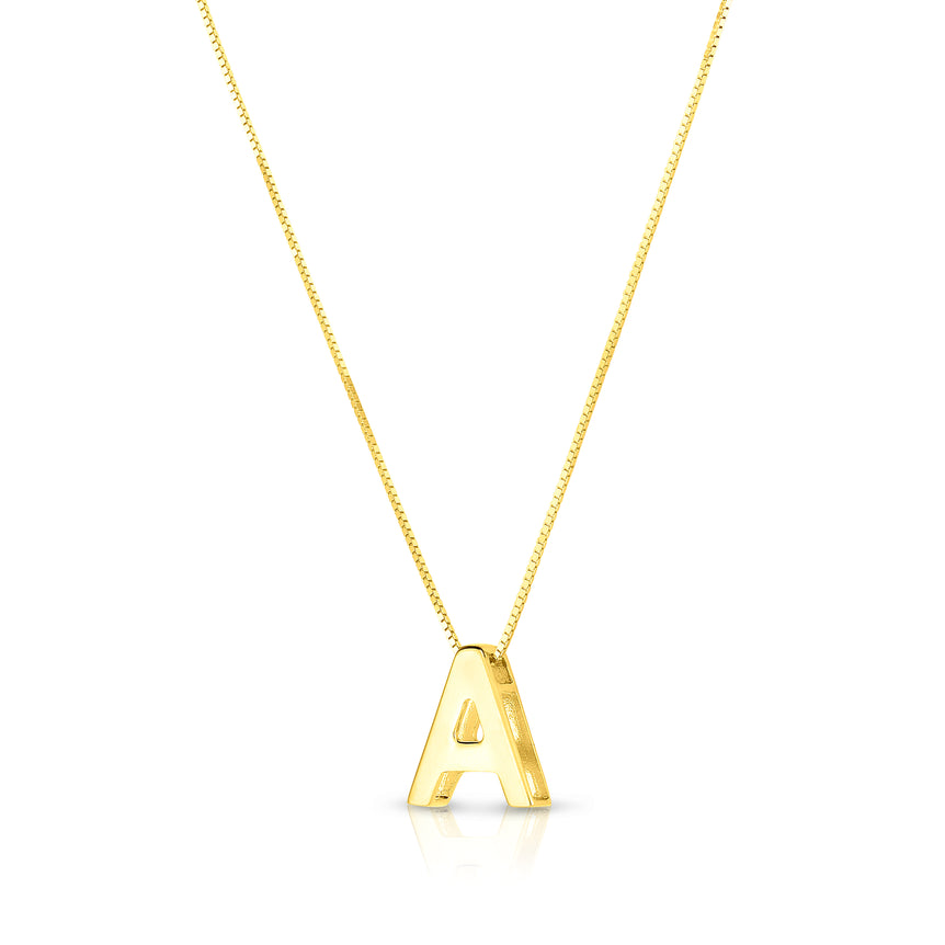 14K Gold Block Letter Initial A Necklace-Yellow | Lobster