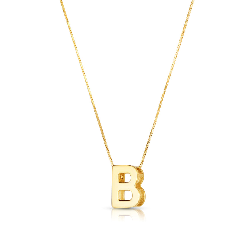 14K Gold Block Letter Initial B Necklace-Yellow | Lobster