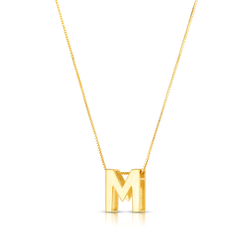 14K Gold Block Letter Initial M Necklace-Yellow | Lobster