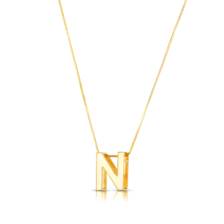 14K Gold Block Letter Initial N Necklace-Yellow | Lobster