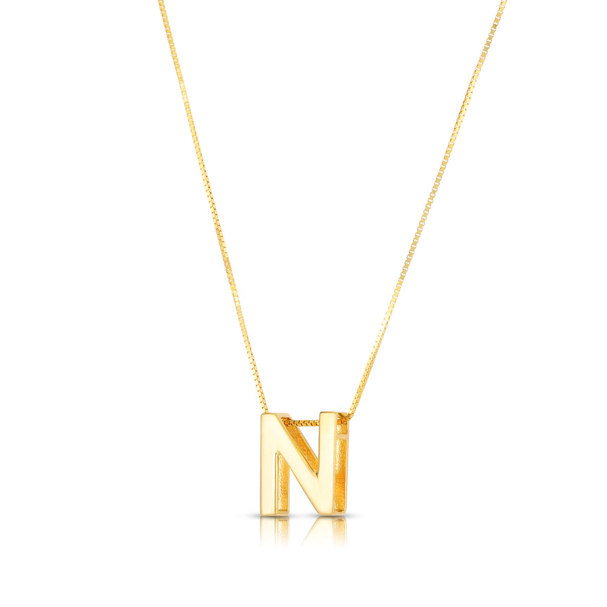 14K Gold Block Letter Initial N Necklace-Yellow | Lobster
