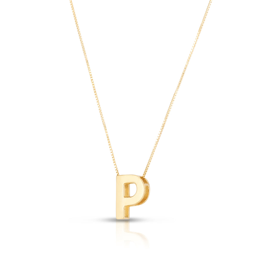 14K Gold Block Letter Initial P Necklace-Yellow | Lobster