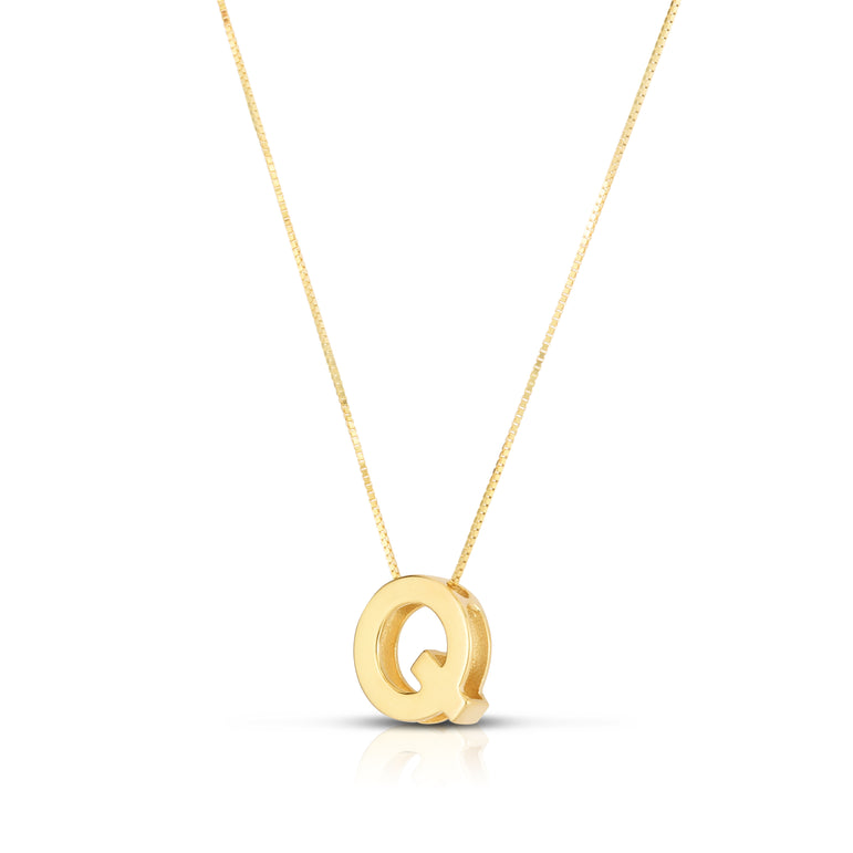 14K Gold Block Letter Initial Q Necklace-Yellow | Lobster