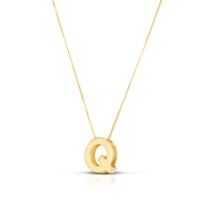 14K Gold Block Letter Initial Q Necklace-Yellow | Lobster