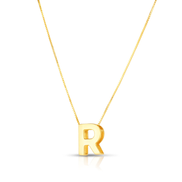 14K Gold Block Letter Initial R Necklace-Yellow | Lobster