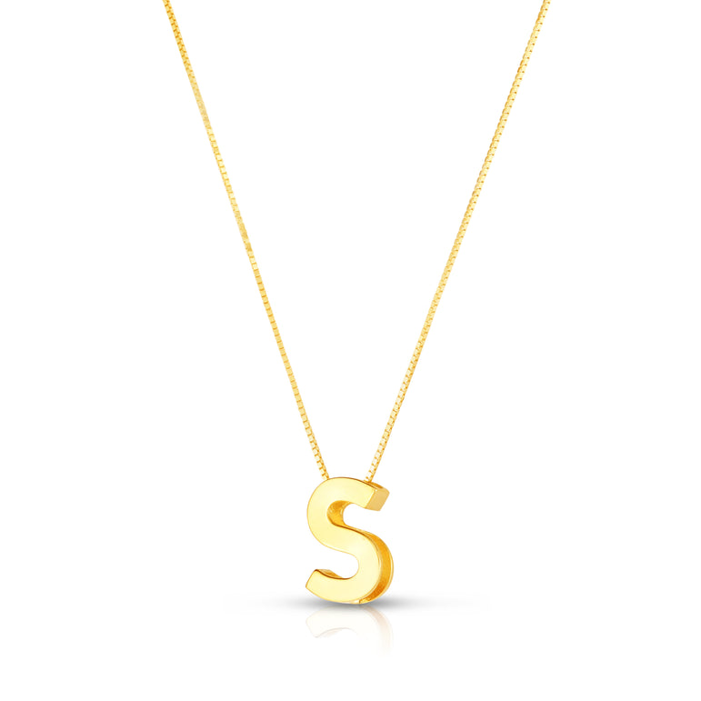 14K Gold Block Letter Initial S Necklace-Yellow | Lobster