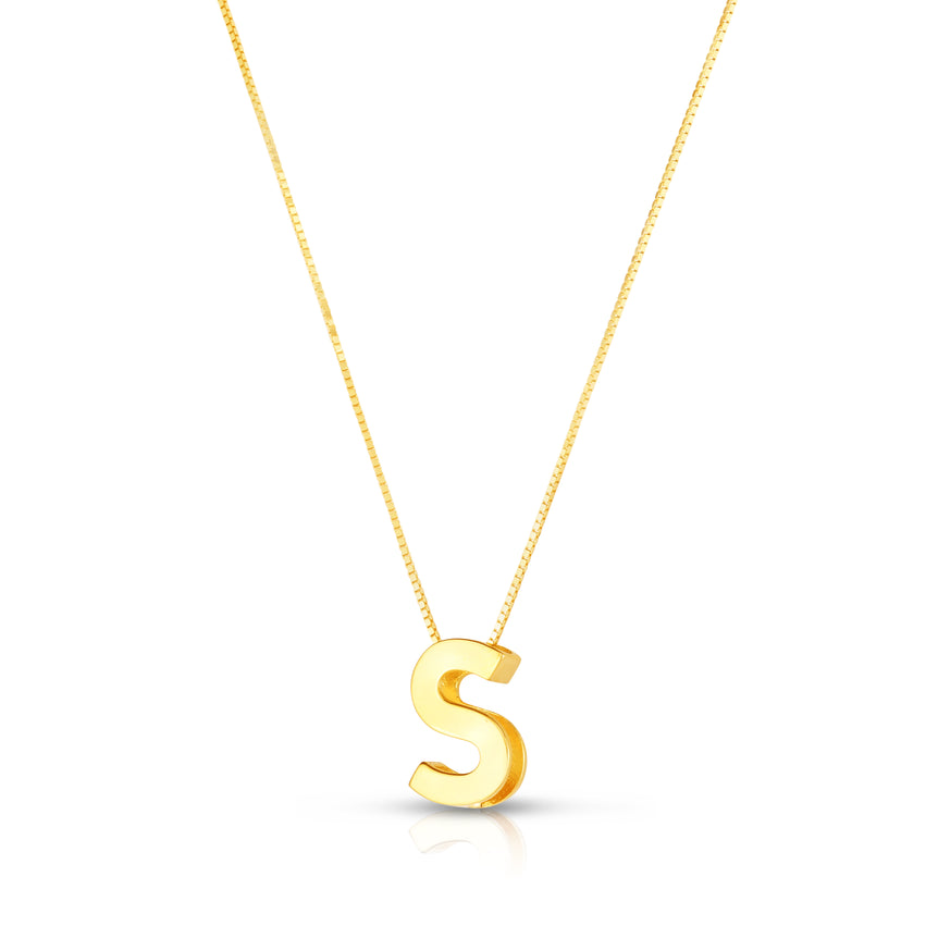14K Gold Block Letter Initial S Necklace-Yellow | Lobster