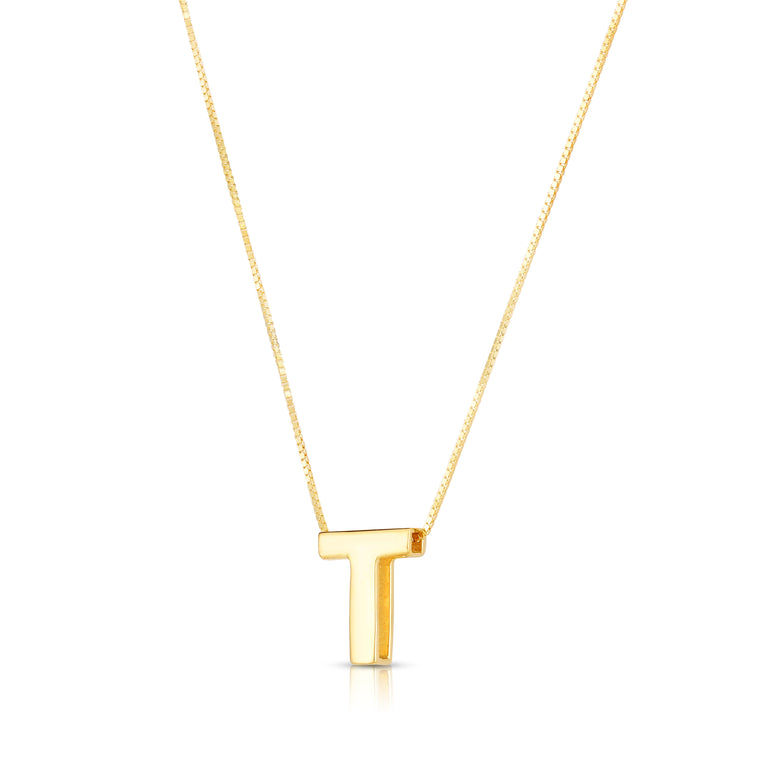 14K Gold Block Letter Initial T Necklace-Yellow | Lobster
