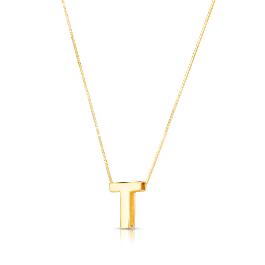 14K Gold Block Letter Initial T Necklace-Yellow | Lobster