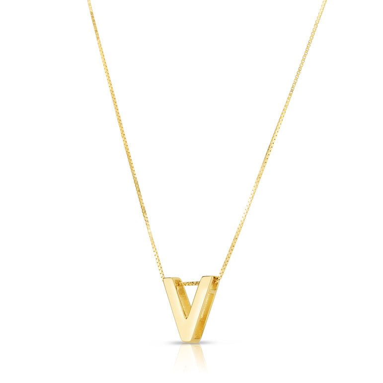 14K Gold Block Letter Initial V Necklace-Yellow | Lobster