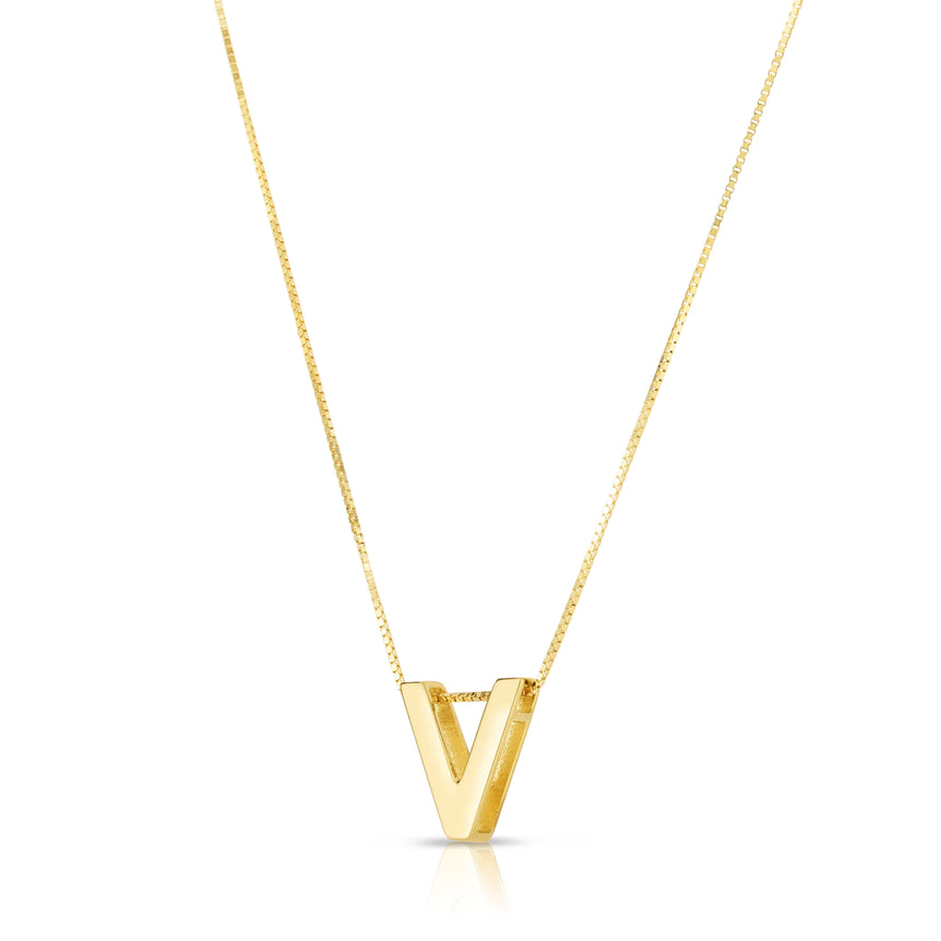 14K Gold Block Letter Initial V Necklace-Yellow | Lobster