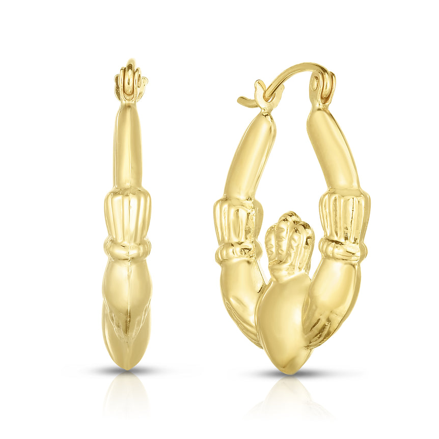 14K Gold Polished Claddagh Back to Back Hoop Earring-Yellow | Hinged