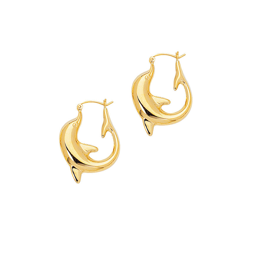 14K Gold Large Dolphin Back to Back Hoop Earring-Yellow | Hinged