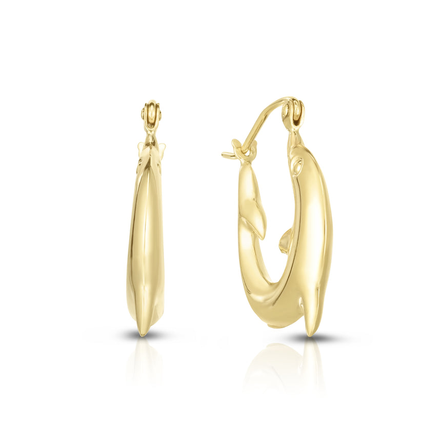 14K Gold Small Dolphin Back to Back Hoop Earring-Yellow | Hinged