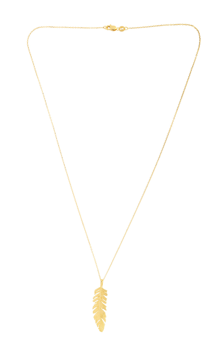 14K Gold Feather Necklace-Yellow | Lobster