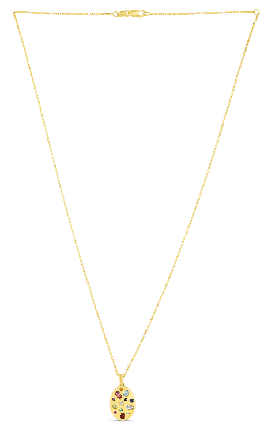 14K Gold Gemstone Inlay Oval Necklace-Yellow | Lobster