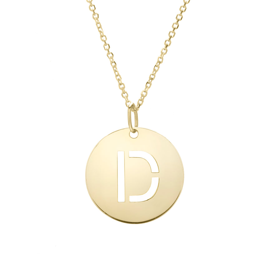 14K Gold Disc Initial D Necklace-Yellow | Lobster
