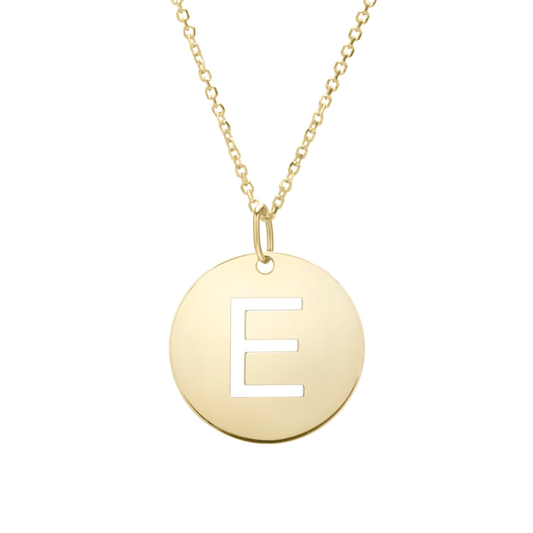 14K Gold Disc Initial E Necklace-Yellow | Lobster