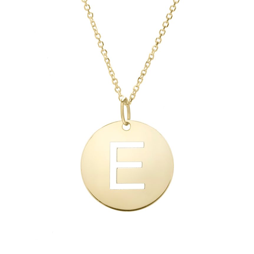 14K Gold Disc Initial E Necklace-Yellow | Lobster