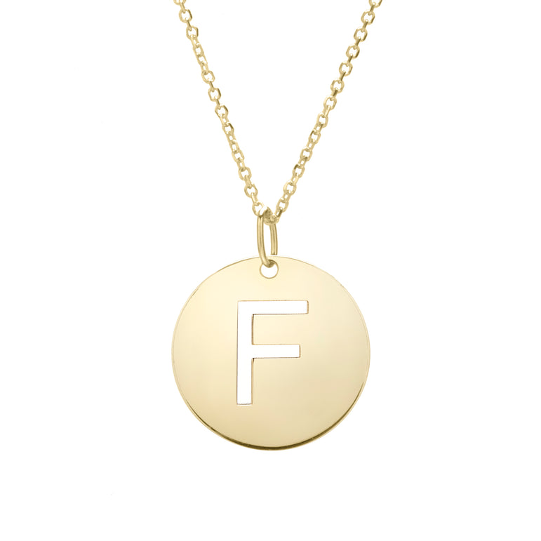 14K Gold Disc Initial F Necklace-Yellow | Lobster