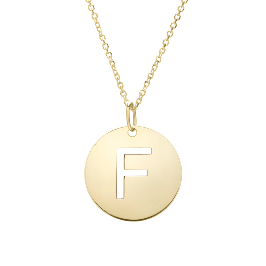14K Gold Disc Initial F Necklace-Yellow | Lobster