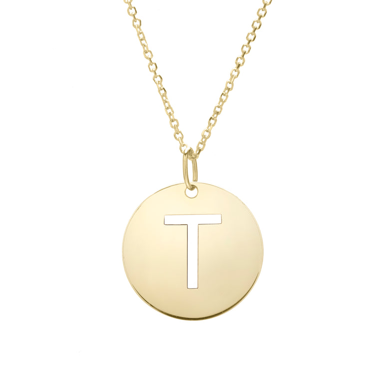 14K Gold Disc Initial T Necklace-Yellow | Lobster