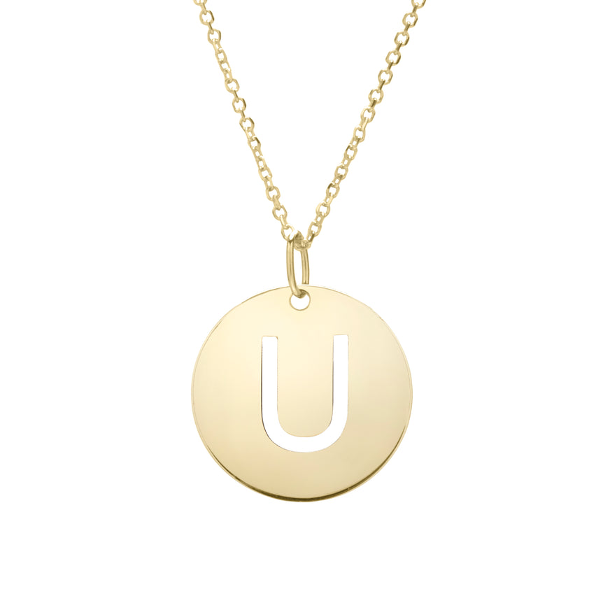 14K Gold Disc Initial U Necklace-Yellow | Lobster