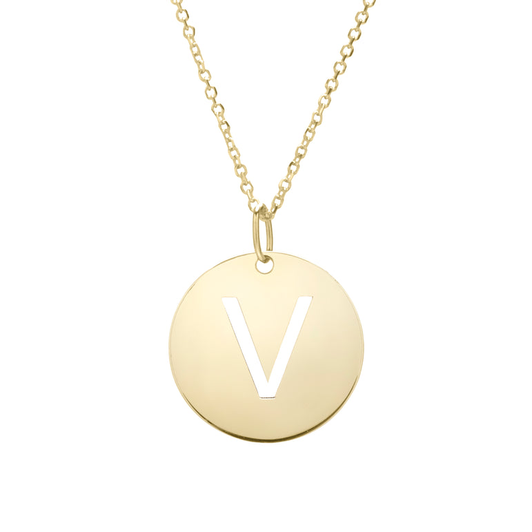 14K Gold Disc Initial V Necklace-Yellow | Lobster