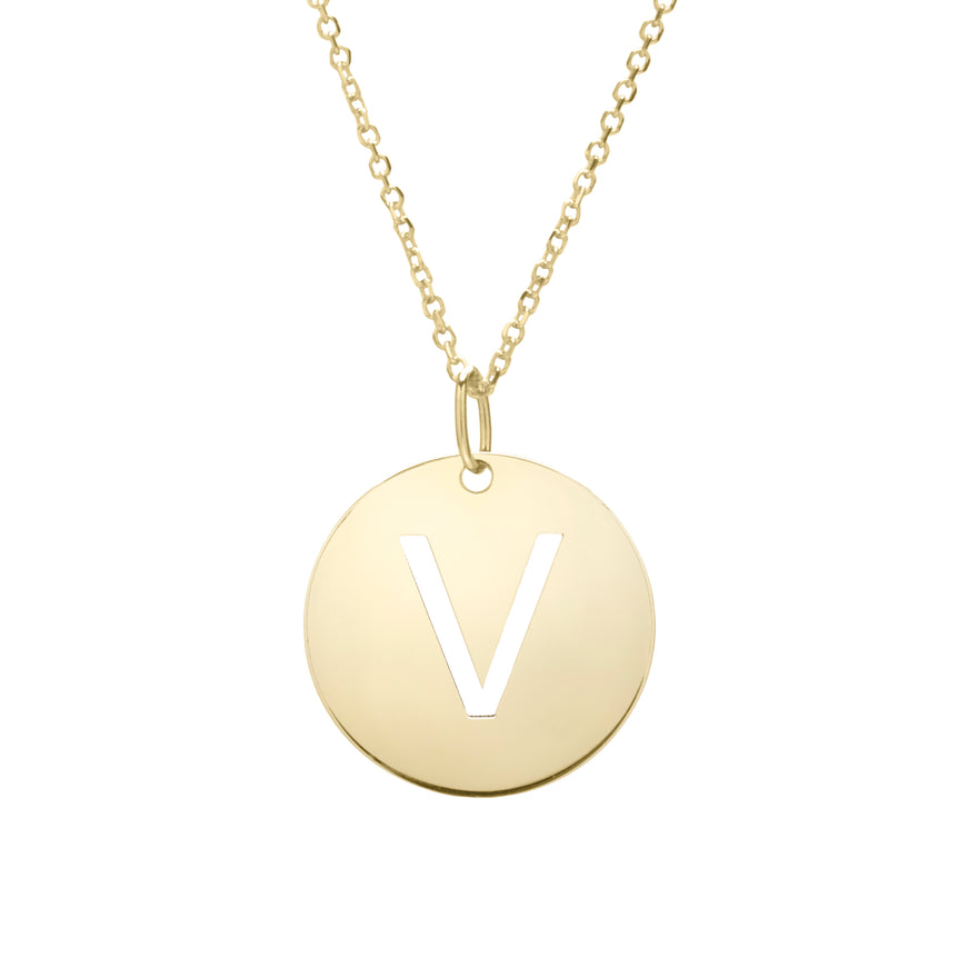 14K Gold Disc Initial V Necklace-Yellow | Lobster