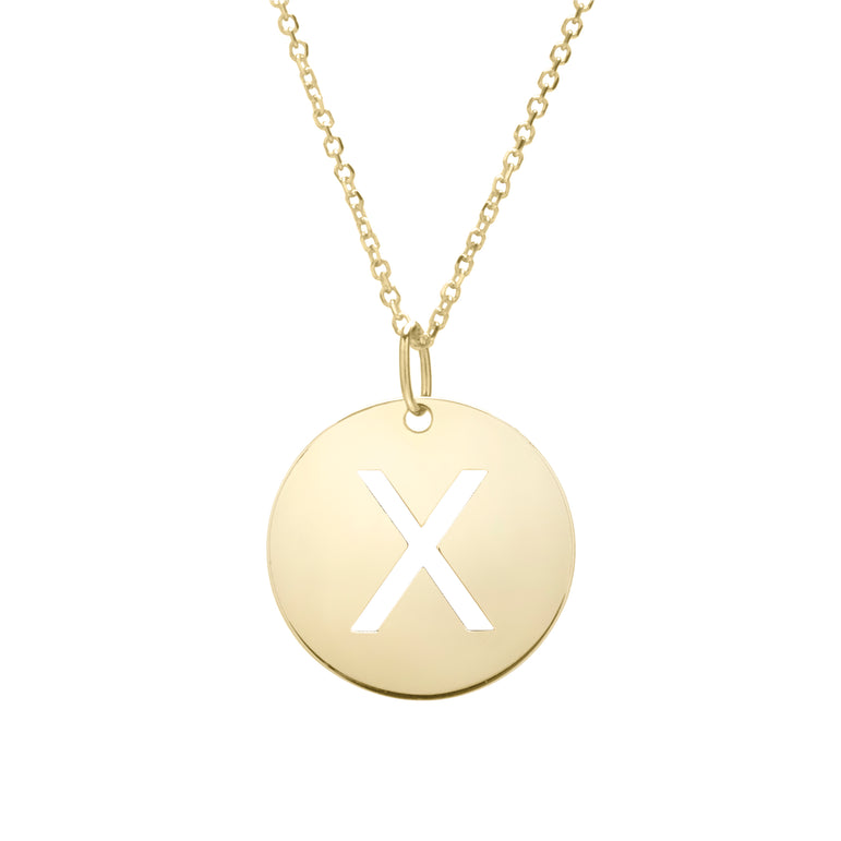 14K Gold Disc Initial X Necklace-Yellow | Lobster