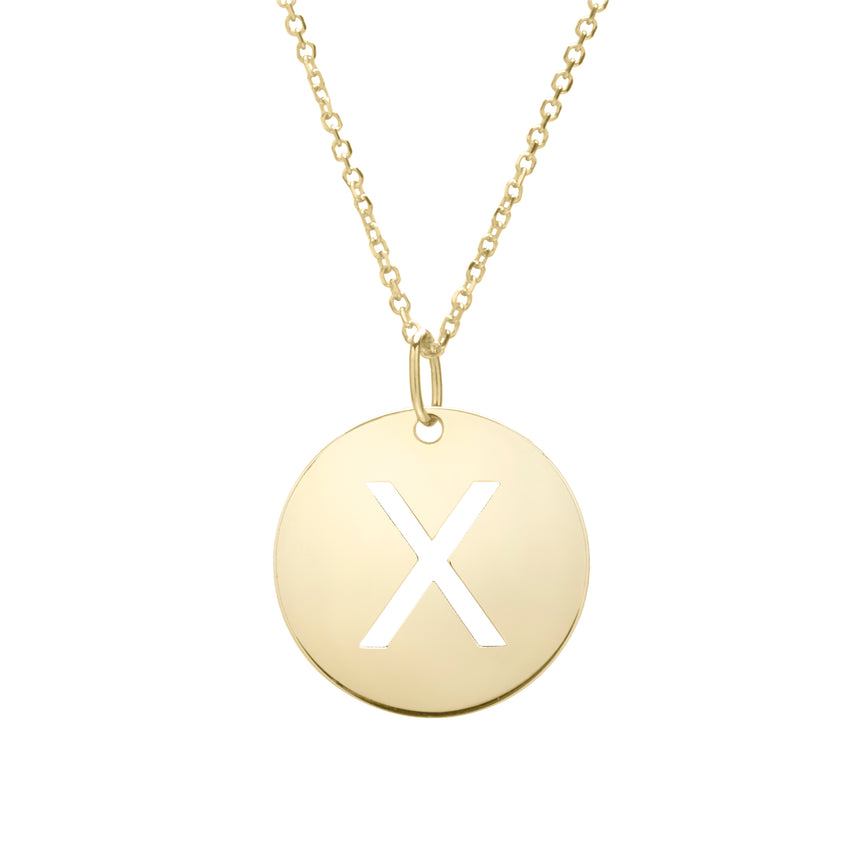 14K Gold Disc Initial X Necklace-Yellow | Lobster