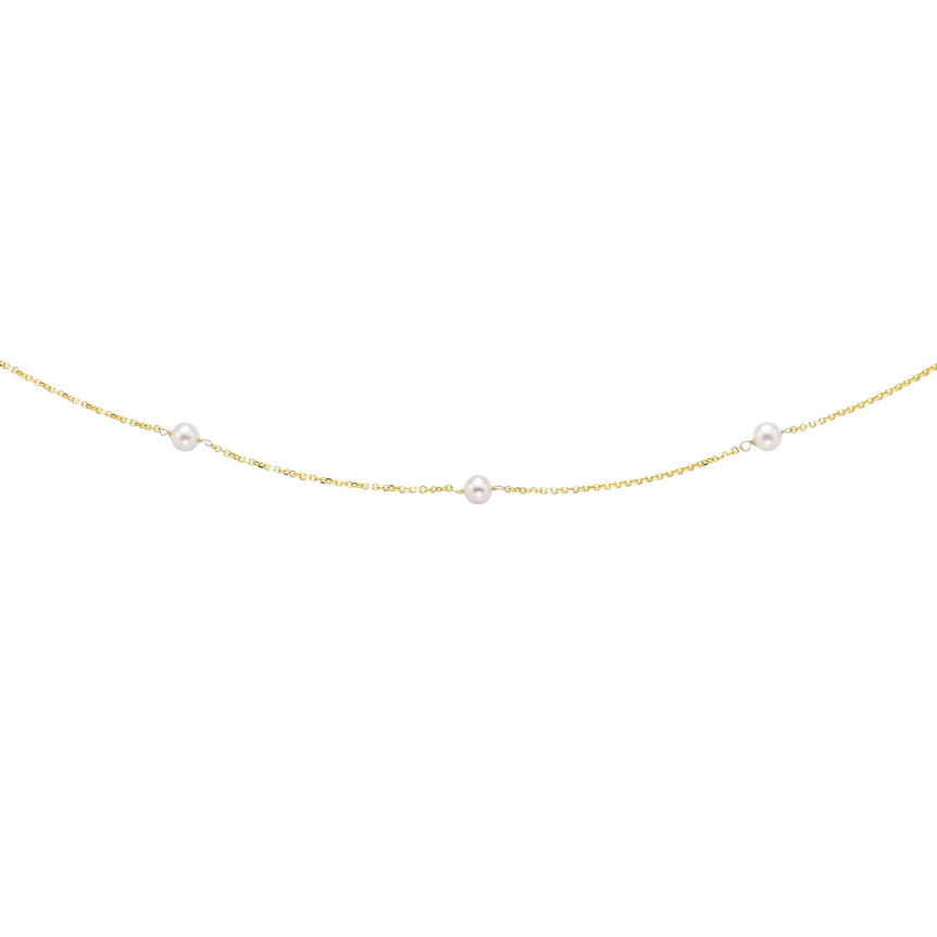 14K Gold Pearl Station Necklace-Yellow | Lobster