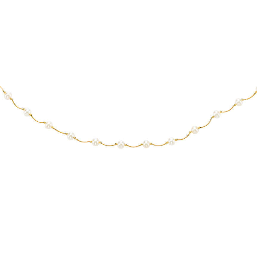 14K Gold Pearl Station Scalloped Necklace-Yellow | Lobster