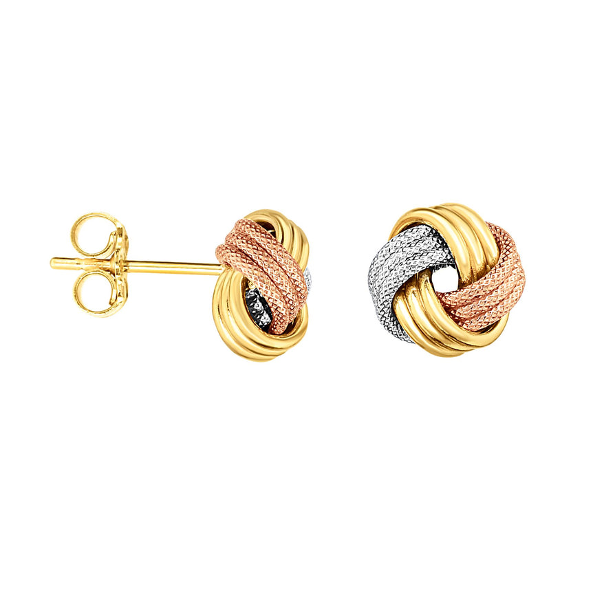 14K Gold Polished & Diamond Cut Love Knot Stud Earring-Tri-color | Push Back