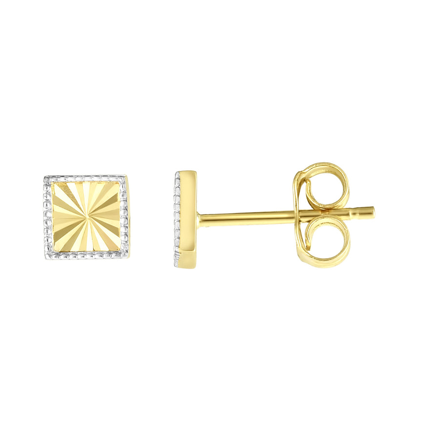 14K Gold Diamond Cut Square Stud Earring-Two-tone | Push Back