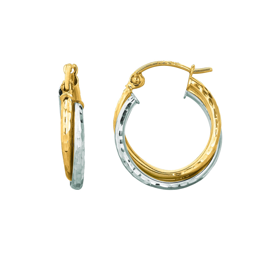 14K Gold Double Row Diamond Cut Hoop Earring-Two-tone | Hinged