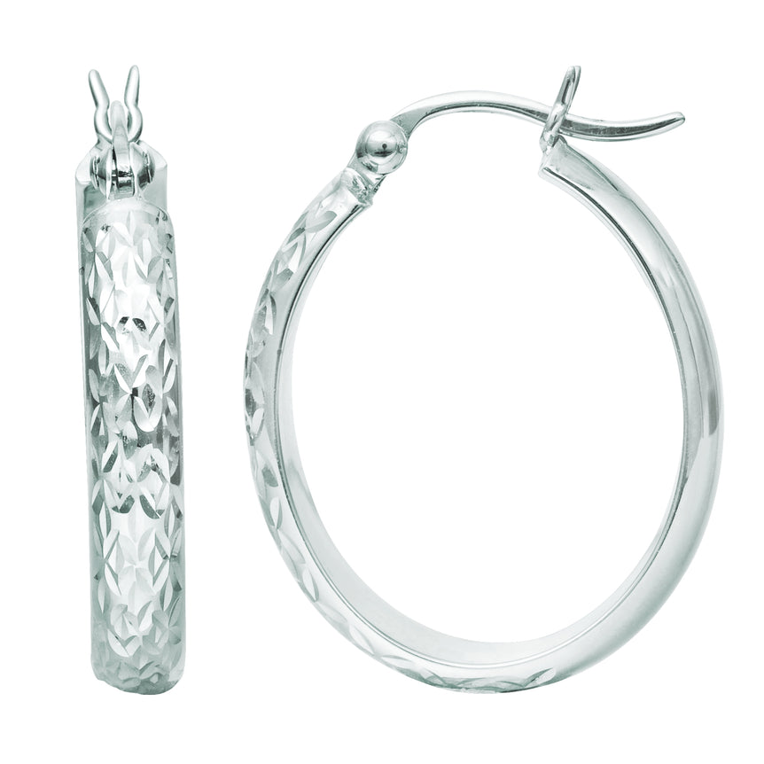 14K Gold Oval Diamond Cut Hoop Earring-White | Hinged