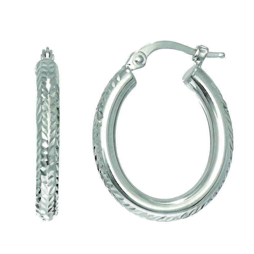 14K Gold Hinged Oval Diamond Cut Hoop Earring-White | Hinged