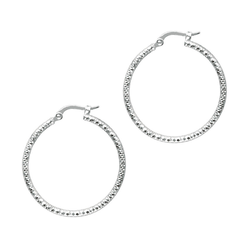 14K Gold Round Diamond Cut Hoop Earring-White | Hinged