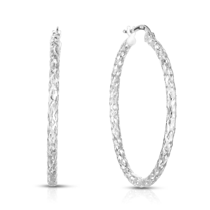14K Gold Diamond Cut Hoop Earring-White | Hinged