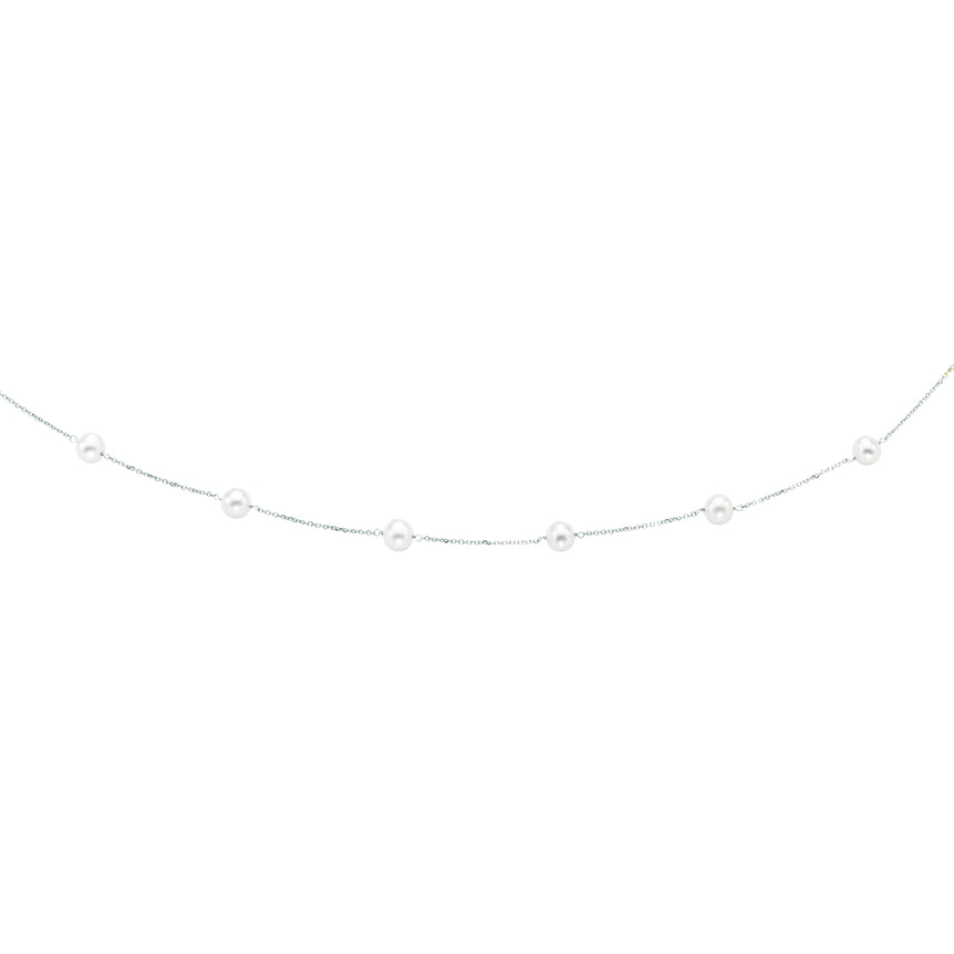 14K Gold Pearl Station Necklace-White | Lobster
