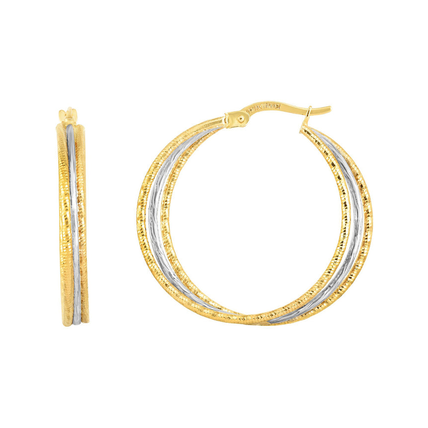14K Gold Polished & Diamond Cut Double Row Hoop Earring-Two-tone | Hinged