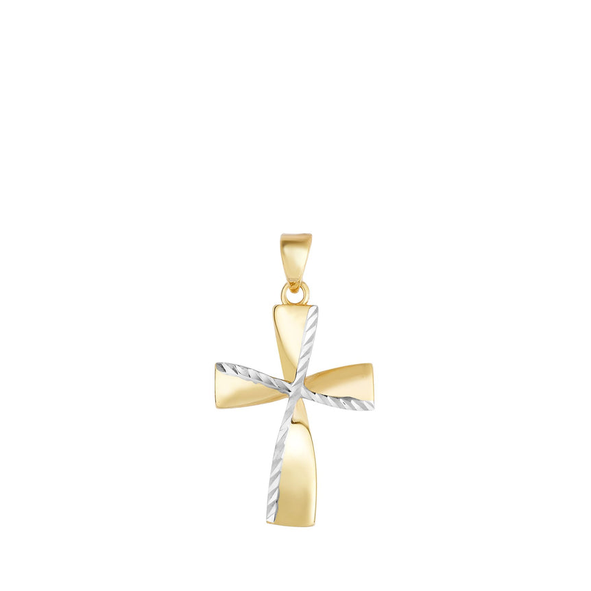 14K Gold Diamond Cut Detail Twist Cross-Two-tone
