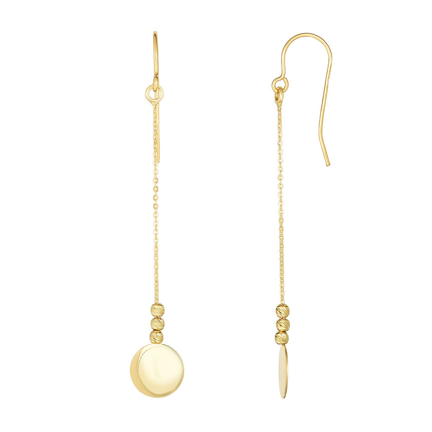 10K Gold Polished Circle Disc & Bead Drop Earring-Yellow | Euro Wire