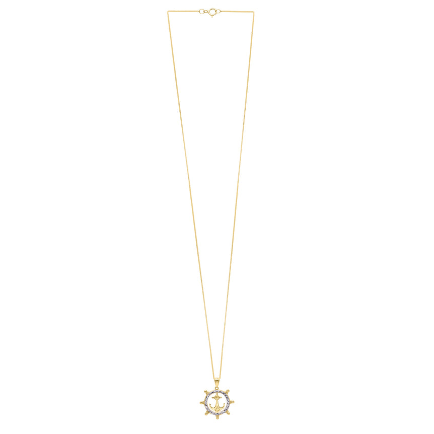10K Ship's Wheel Anchor Necklace-Two-tone | Spring Ring