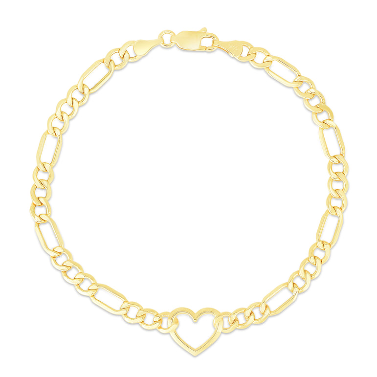 10K Heart Figaro Chain Bracelet-Yellow | Lobster