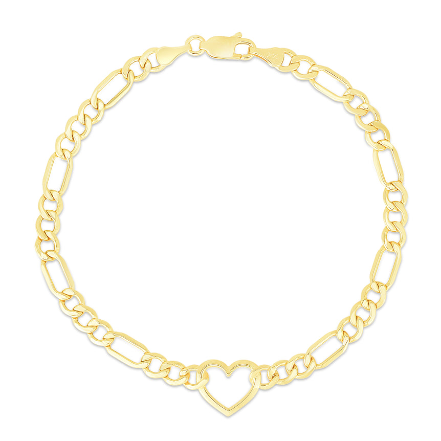 10K Heart Figaro Chain Bracelet-Yellow | Lobster